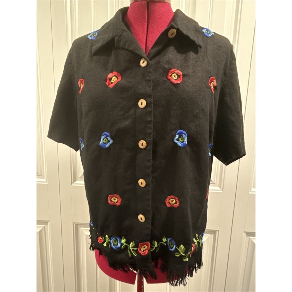 Parisian Works‎ Women's Multicolor Floral Embroidery Top Black Large